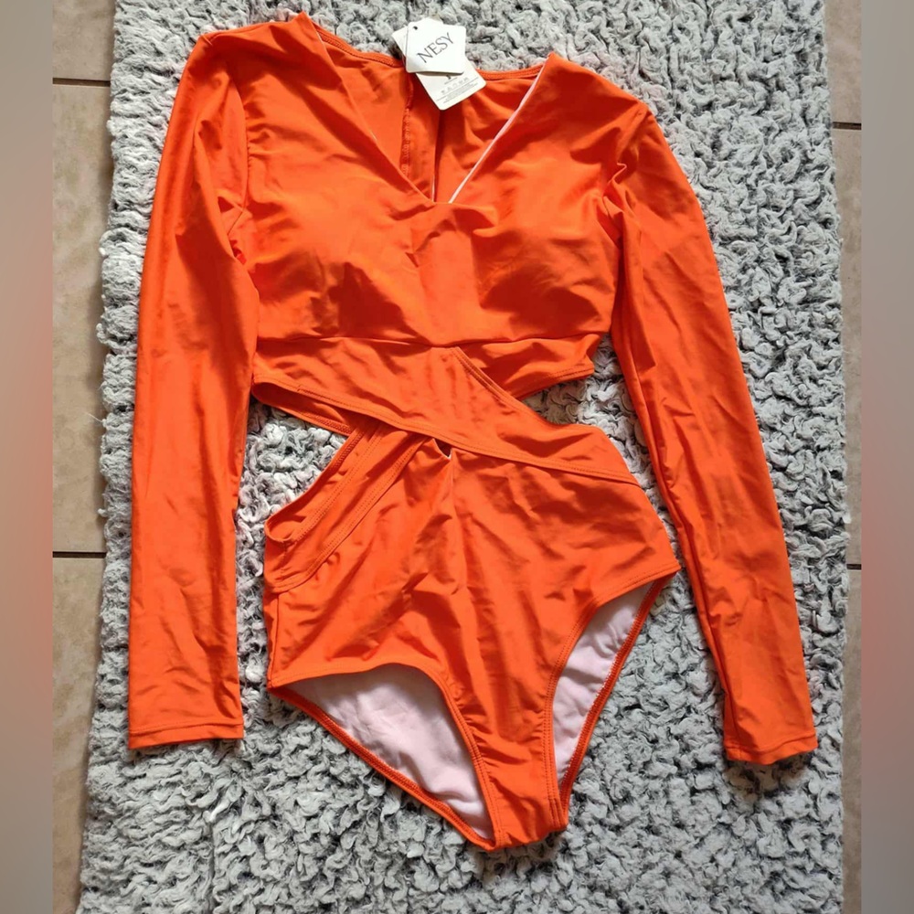 Orange Long Sleeve Cutout Swimsuit